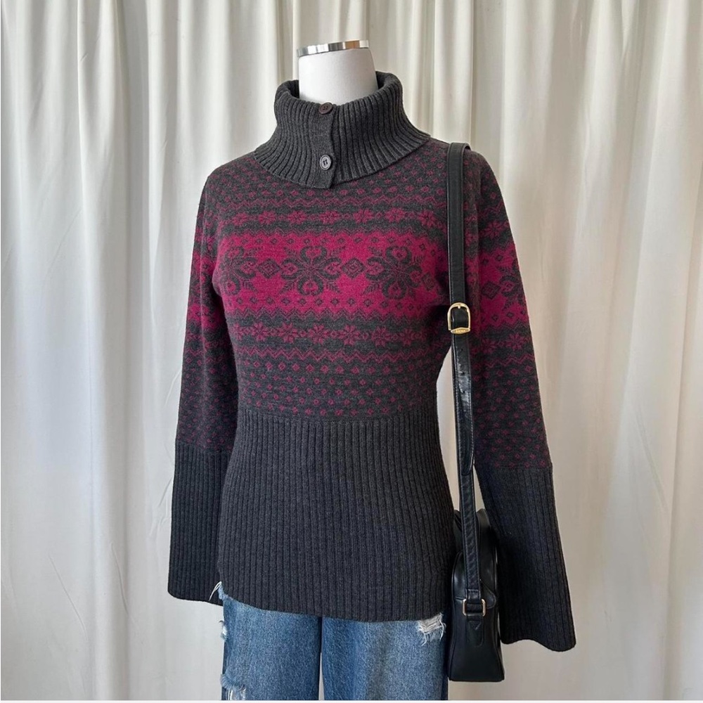 Fair Isle Krimson Klover wool ski sweater folded collar with buttons medium. - Picture 2 of 8